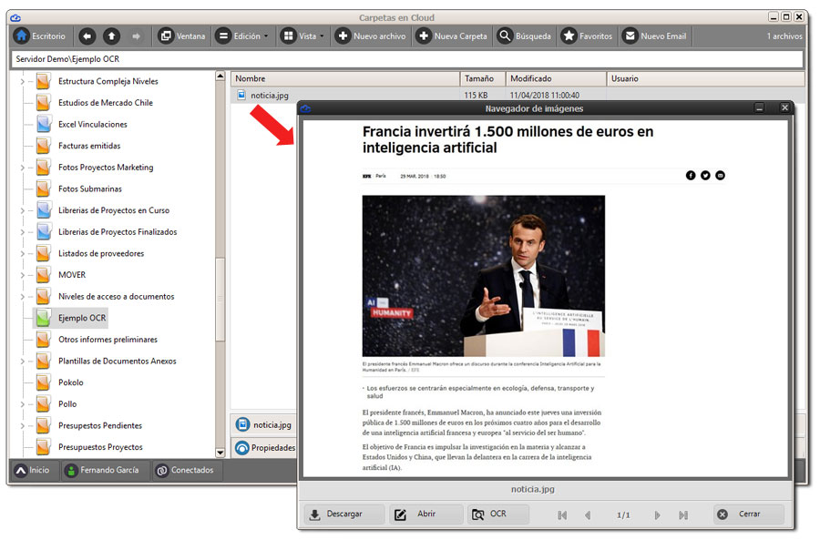 Pantalla noticia con botón OCR
