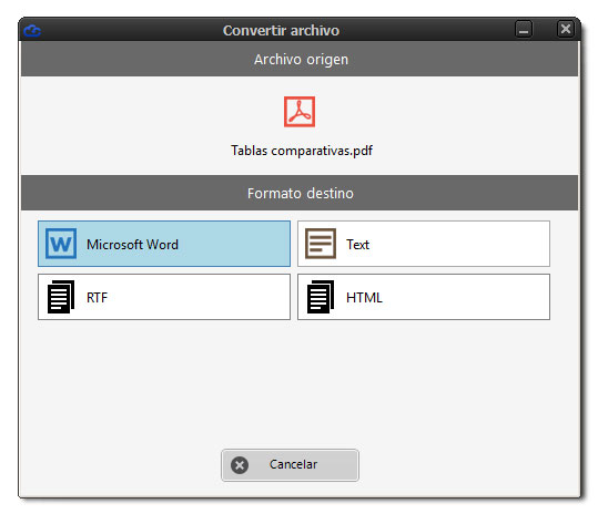 Ventana convertir PDF Word Dataprius