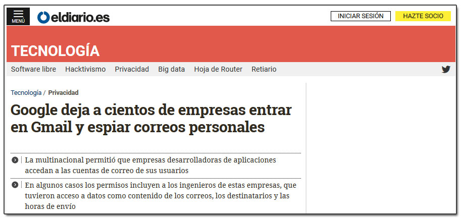 Google deja a cientos de empresas entrar en Gmail y espiar correos personales