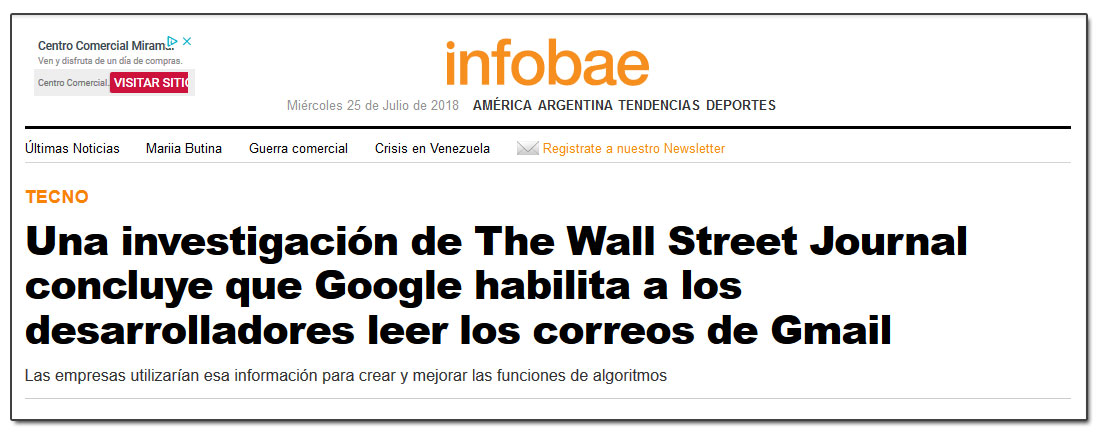 Una investigación de The Wall Street Journal concluye que Google habilita a los desarrolladores leer los correos de Gmail