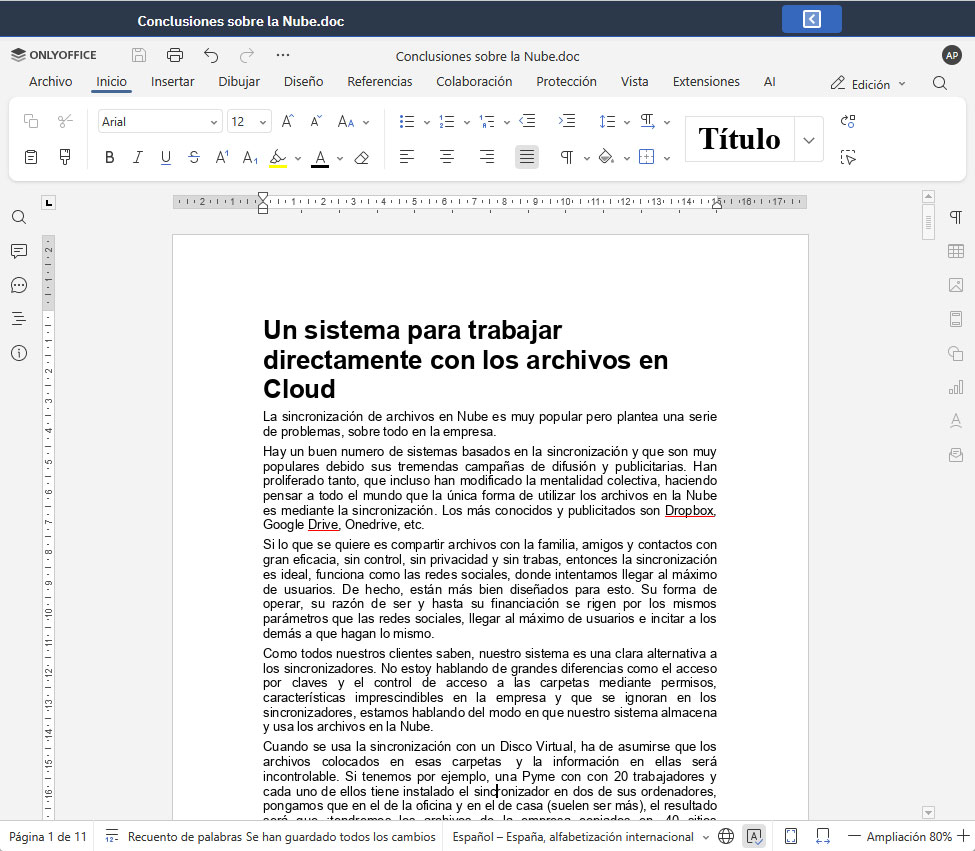 Editando archivo de Word en la aplicación web.