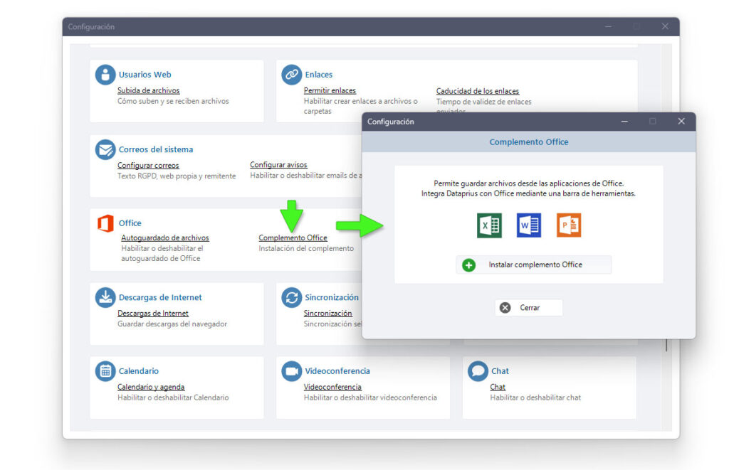 Instalacion de complemento Office en Dataprius
