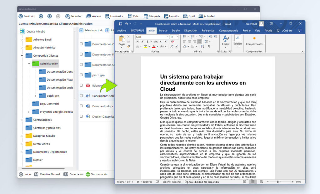 Edicion directa de un archivo Word en la aplicacion de escritorio Dataprius.