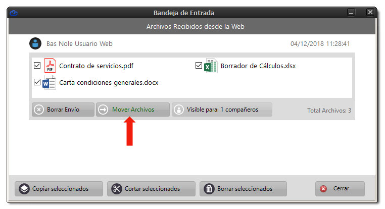 Ventana con opción de mover archivos en Dataprius