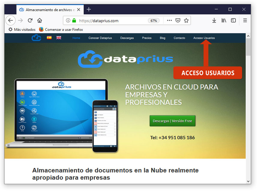 Acceso usuarios en la web de dataprius