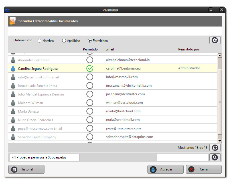 Ventana para conceder permisos de acceso a los clientes en Dataprius.