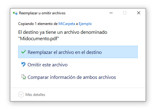 Ventana de Windows advierte de sobre-escritura