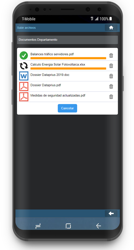 Captura aplicación Android subiendo archivos.