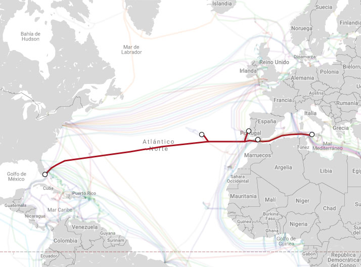 Mapa de cable backbone entre Conil en Espala y Florida USA.