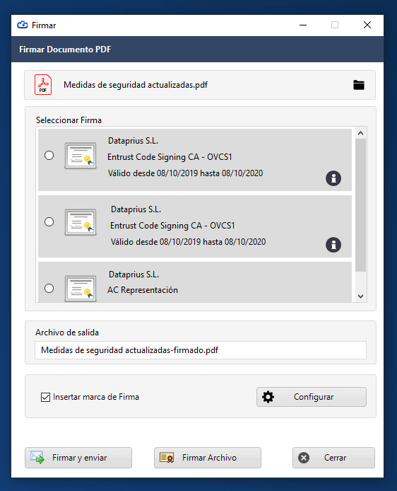 Aplicación Dataprius. Firmas digitales desde el almacén de firmas de Windows
