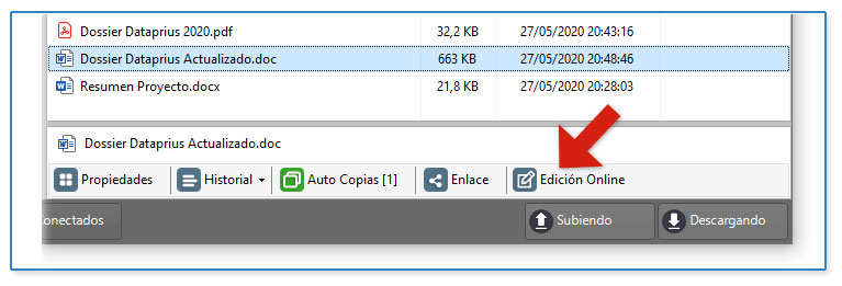 Opción de Edición Online en la barra del archivo seleccionado.