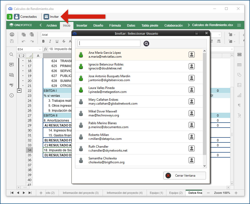 Invitar a usuarios conectados para edición compartida de Excel.