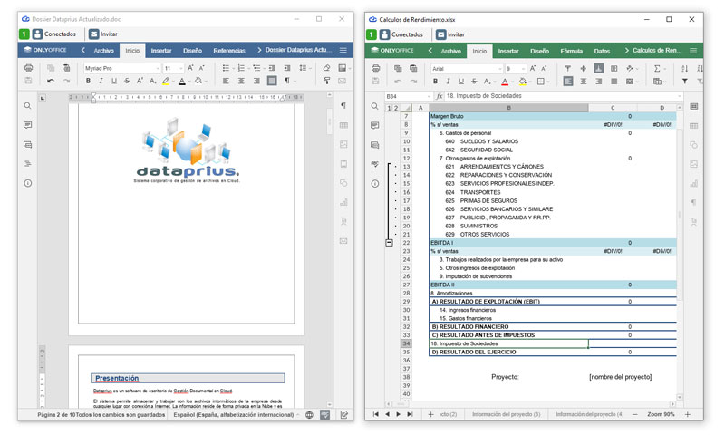 Editores Word y Excel integrados en Dataprius