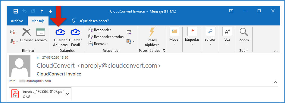 Guardar adjuntos complemento Outlook Dataprius. En Outlook 2016.
