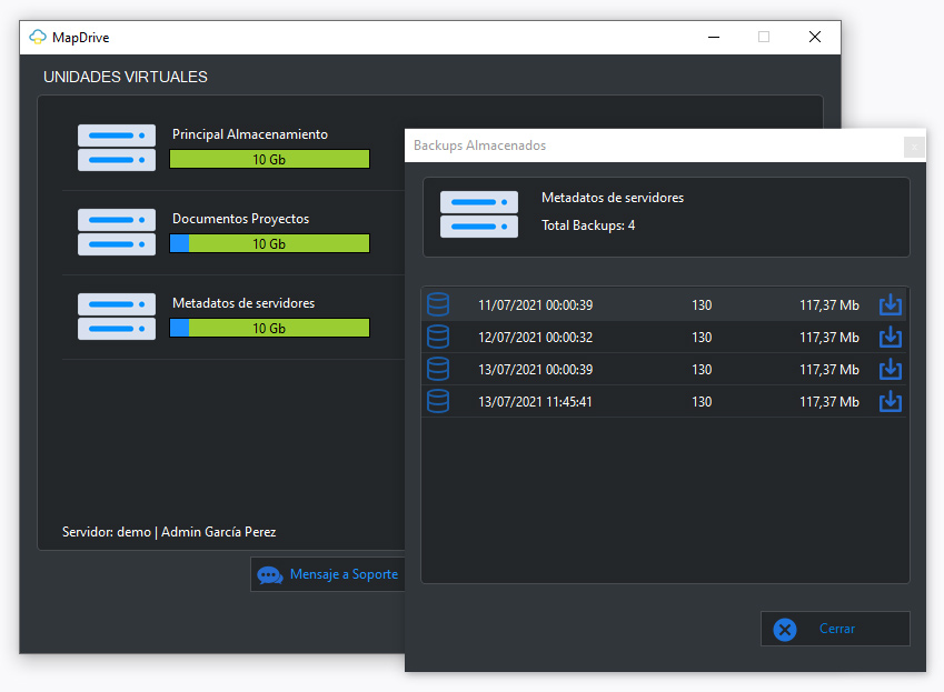 Backups almacenados de unidad MapDrive