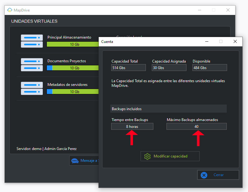 Cadencia de los backups de Mapdrive y número de backups en retención.