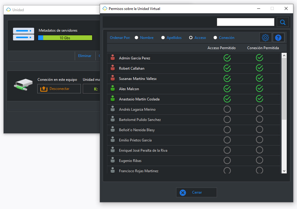 Permisos de acceso MapDrive para los usuarios de la cuenta Dataprius.