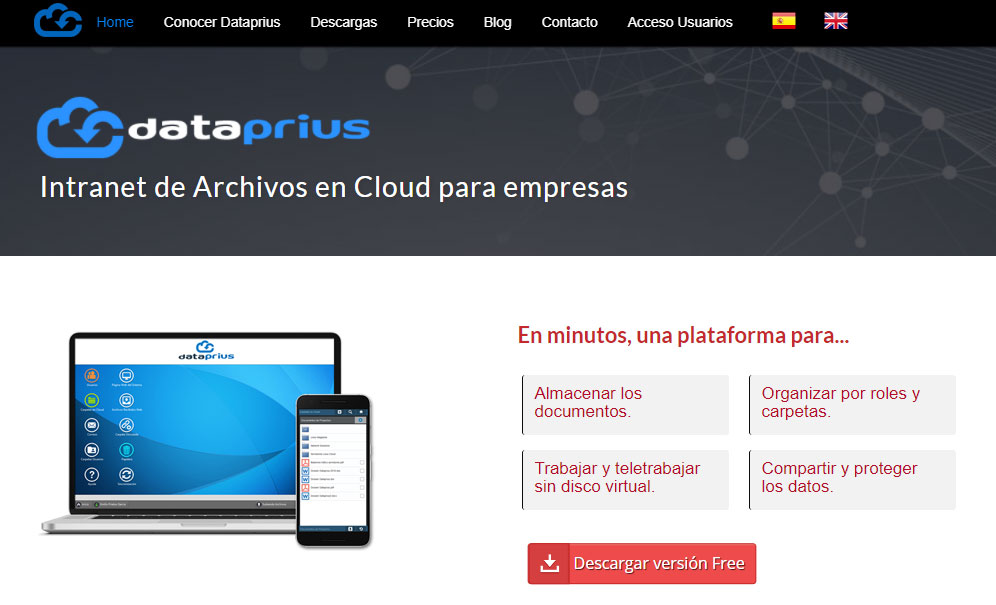 Captura de la Web. Dataprius se define como Intranet en Cloud para empresas.