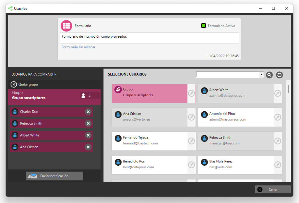 Configurando un grupo de usuarios para compartir el formulario.