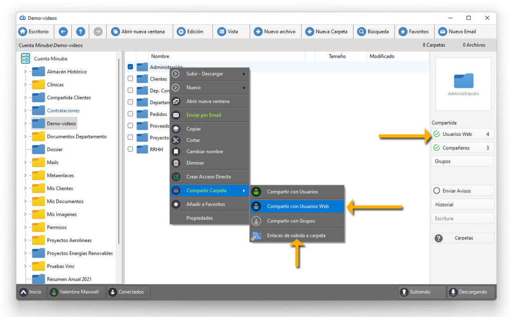 Ventana de carpetas en cloud en dataprius