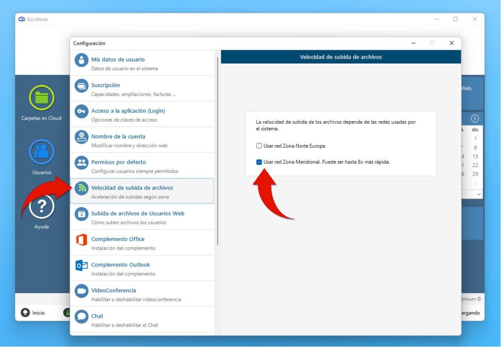 Zona de subida de archivos en panel de configuración Dataprius
