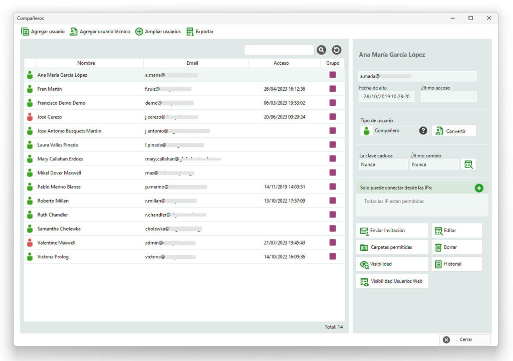 Ventana de gestión de Usuarios compañeros en Dataprius.