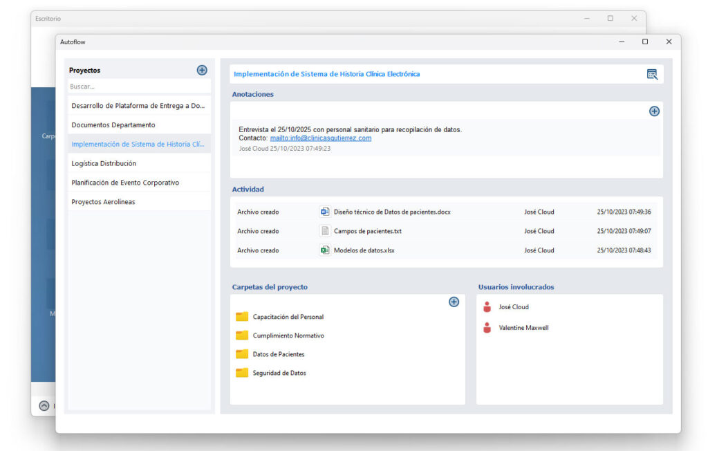 Ventana de proyectos en Autoflow, la utilidad de dataprius que permite el seguimiento de la actividad de los usuarios cobre los archivos y carpertas