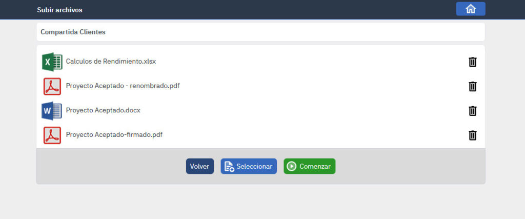 Seleccionando archivos para subir. El cliente sube archivos desde el navegador de ordenador o desde dispositivos móviles