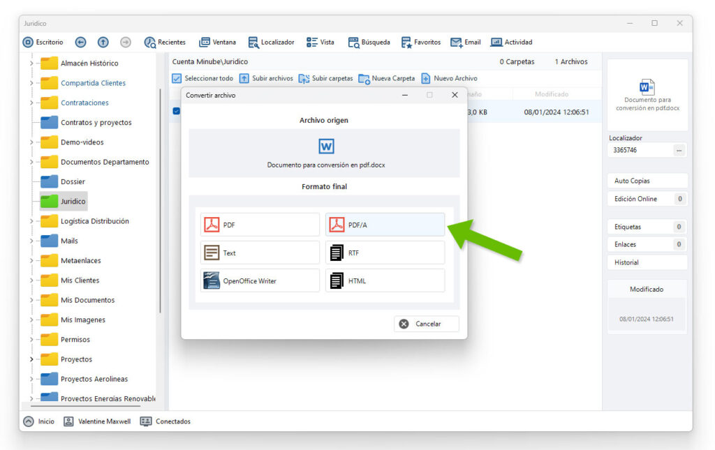 Ventana dataprius para convertir archivo. Podemos convertir a PDF convencional o a PDF/A.