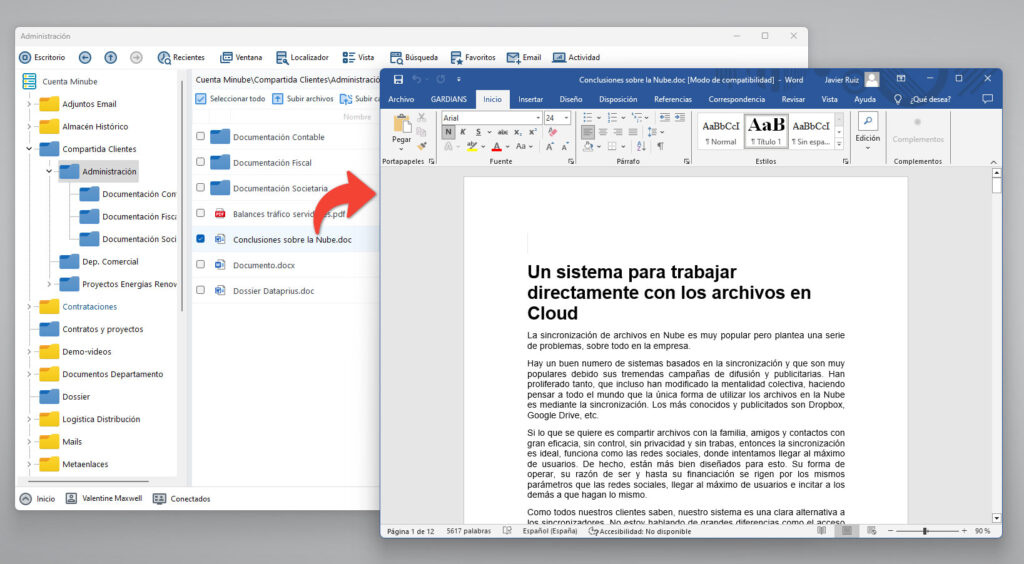 Edición de archivos directa en la Nube de dataprius. Los archivos se abren con doble clien y se guardan en la Nube