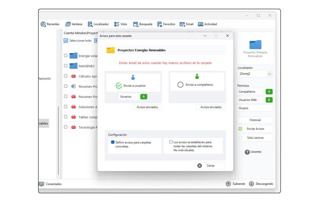 Ventana de configuración del envío de avisos por emal en la versión 8.8 de Dataprius