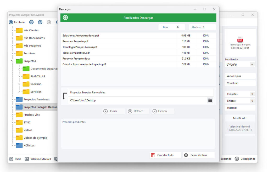 Ventana de proceso de descarga de archivos en Dataprius