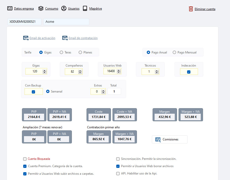 Recursos asignados a cuenta cliente en el software Dataprius Manager para distribuidores.