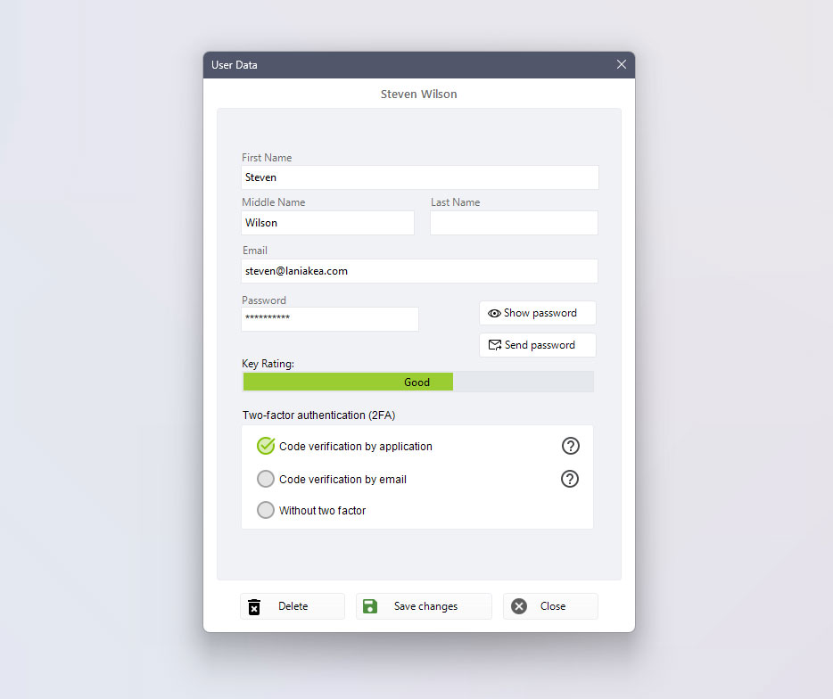 User profile window in Dataprius Desktop application