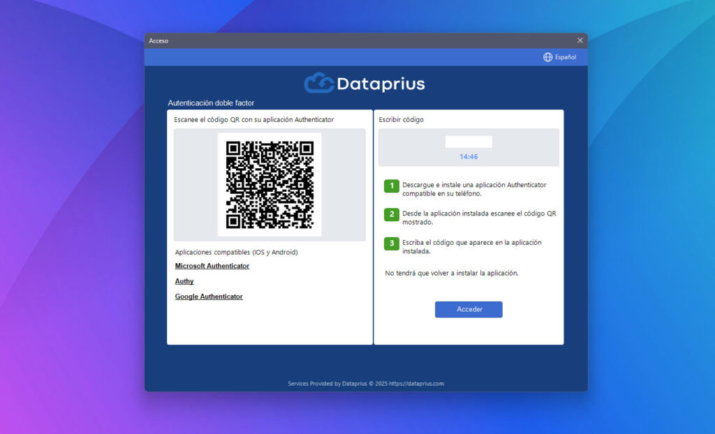 Acceso doble factor en aplicación Dataprius de escritorio