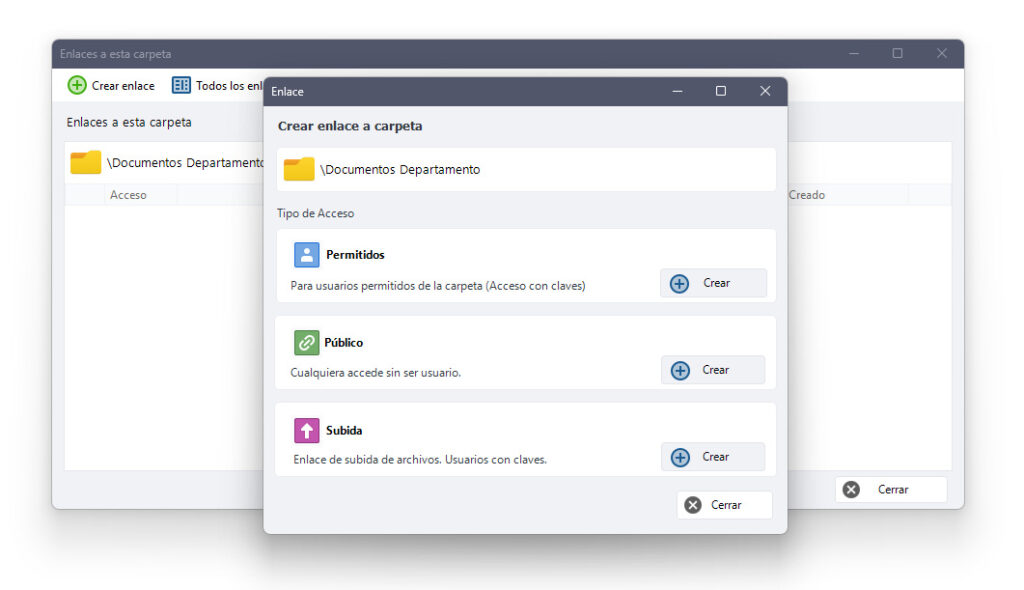 Enlaces a carpeta en Dataprius. Ventana para agregar un nuevo enlace. Para compartir archivos contenidos en la carpeta.