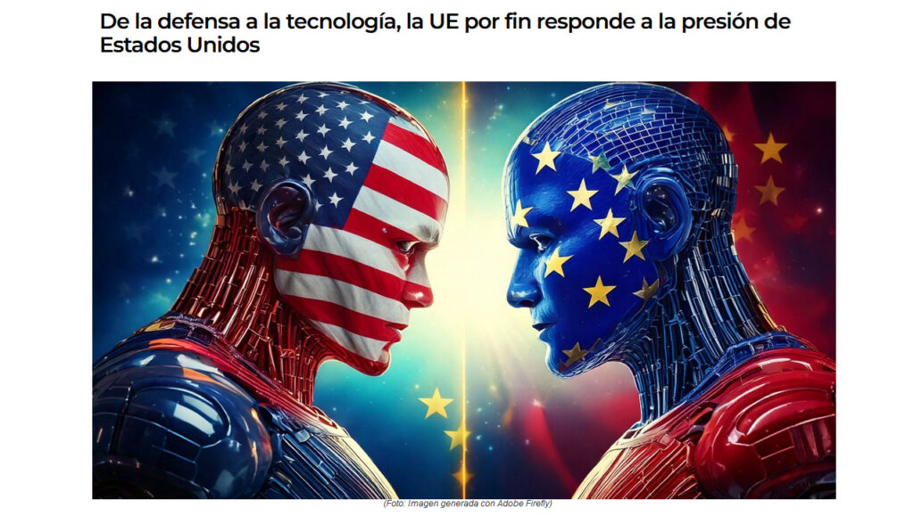 Dos figuras humanas mirándose, la de la izquierda con la bandera americana pintada y la de la derecha con la bandera de la comunidad europea