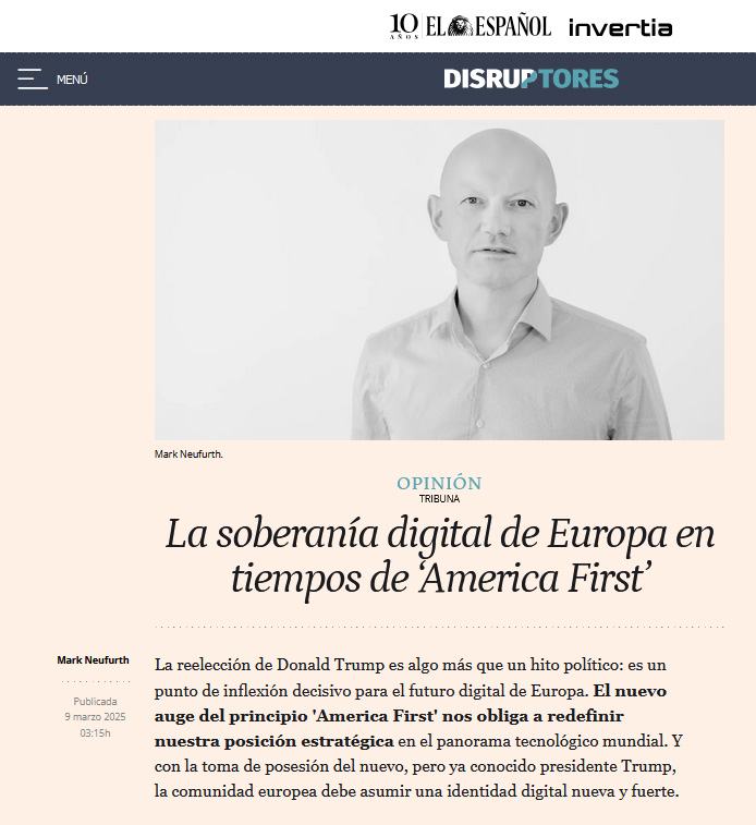 Artículo de periódico con el titula de La soberanía digital de Europa en tiempos de 'America First'