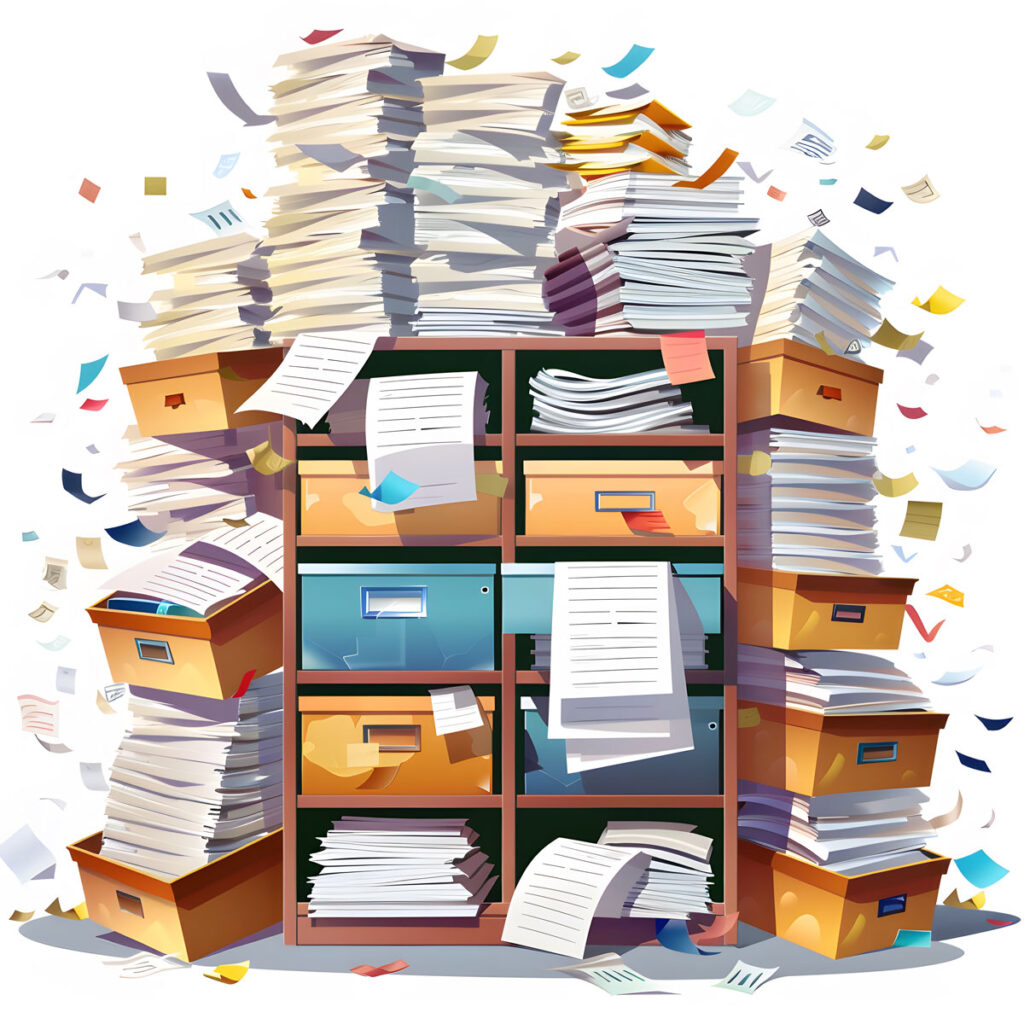 Estantería mostrando desorden de carpetas y archivos