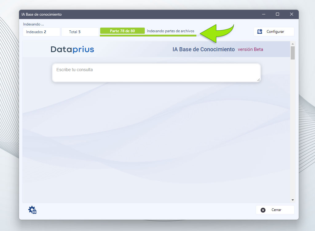Ventana IA Dataprius. El proceso de indexación está en marcha.