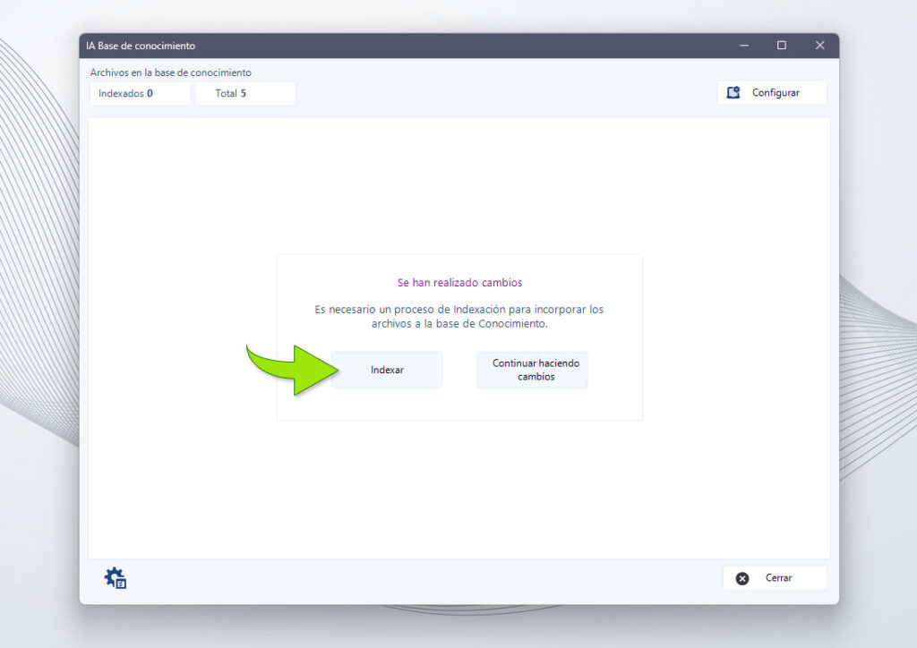 Ventana IA Dataprius. Indica tras seleccionar las carpetas que debemos iniciar el proceso de indexación.