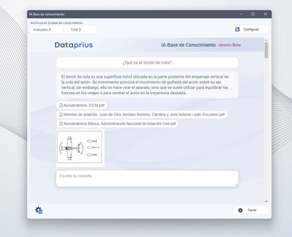 Respuesta obtenida a la pregunta. Se muestra respuesta, imágenes relacionadas y archivos. Podemos continuar la conversación.