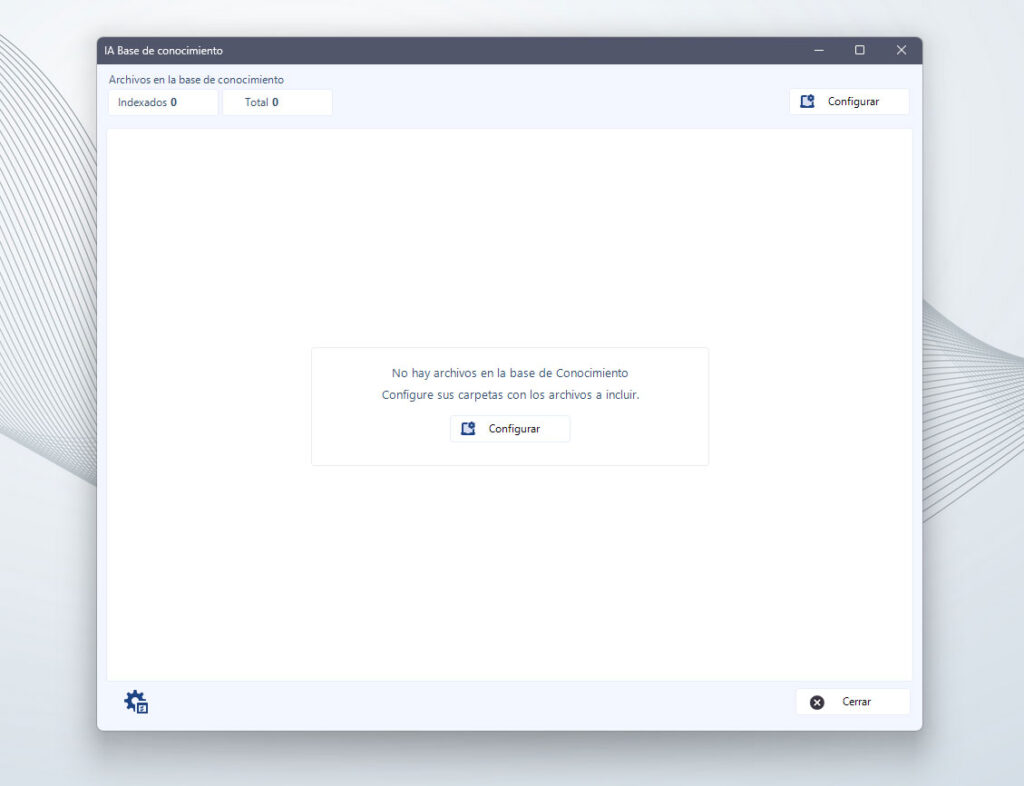 Ventana IA Dataprius. Indica que no hay archivos seleccionados para la base de conocimiento.