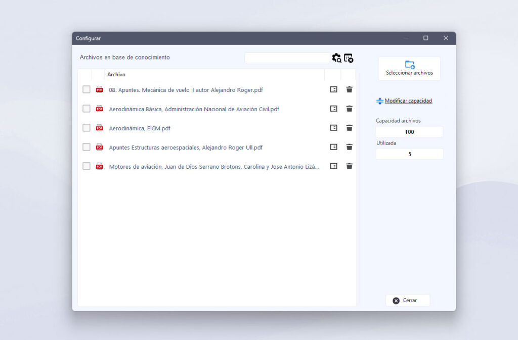 Captura de ventana de la aplicación. Archivos seleccionados para la IA. La base de conocimiento.
