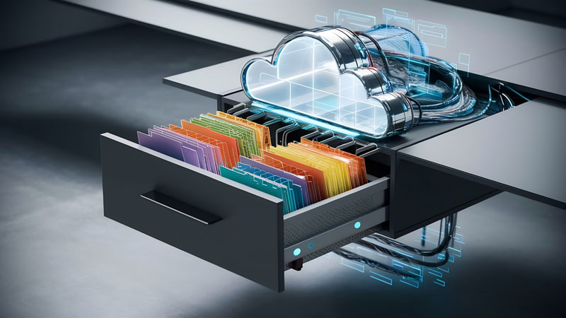 Ilustración de almacenamiento en la nube de carpetas y archivos.