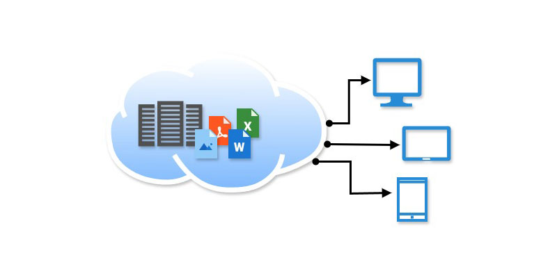 Ilustracion de archivos en la nueb y acceso con dispositivos
