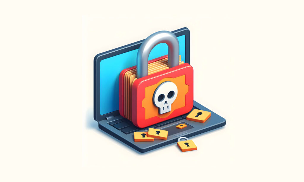 Ilustracion ransomware. PC con candado carpetas.