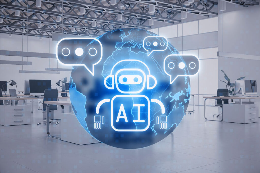 Ilustración IA en Pyme. Muestra representación de un robot con fondo de esfera del mundo sobre una oficina.