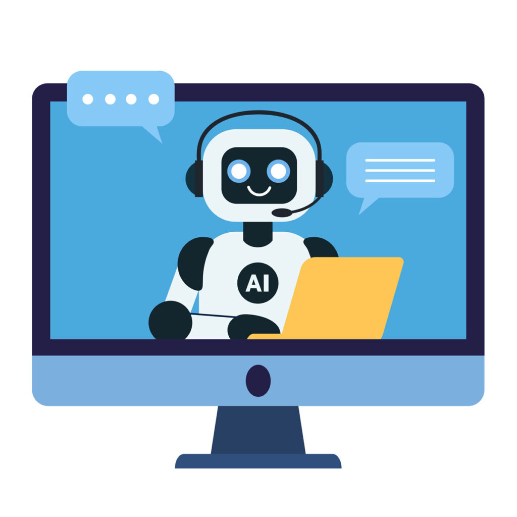 Ilustracion de IA en la pantalla de un PC. Se ve un robot en una pantalla de PC.