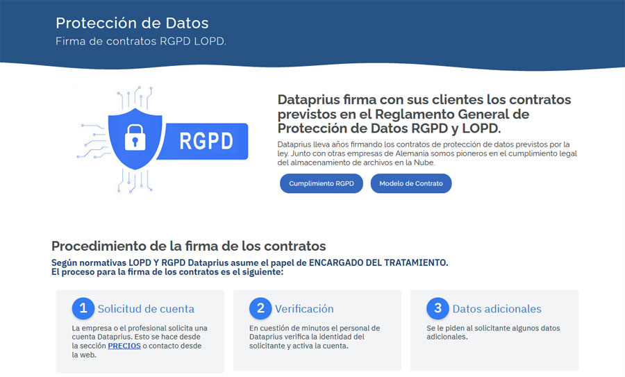 Captura de pantalla de firma de contratos RGPD en Dataprius